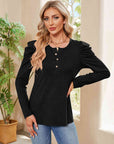 Tan Buttoned Round Neck Puff Sleeve T-Shirt