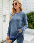 Dark Slate Gray Round Neck Long Sleeve Blouse