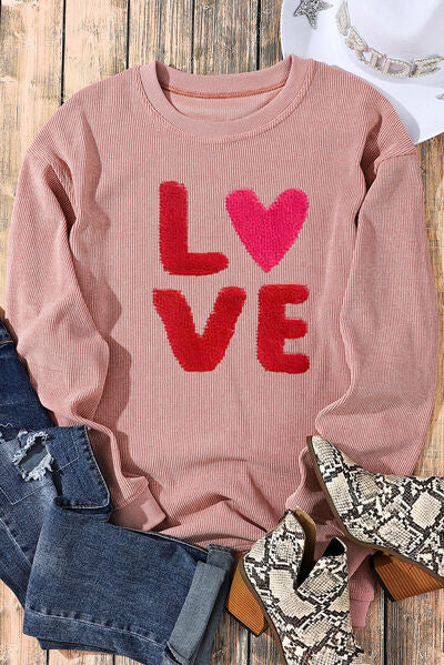 Rosy Brown LOVE Round Neck Dropped Shoulder Sweatshirt Sentient Beauty Fashions Apparel & Accessories