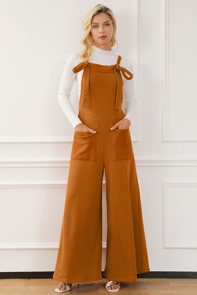Saddle Brown Pocketed Square Neck Wide Strap Jumpsuit Sentient Beauty Fashions Apparel &amp; Accessories