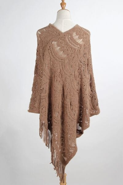 Light Gray Fringe Openwork Surplice Cape Sleeve Poncho