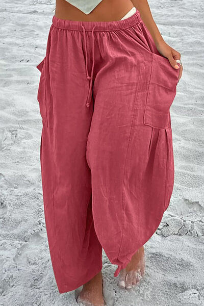 Maroon Full Size Pocketed Drawstring Wide Leg Pants Sentient Beauty Fashions Apparel &amp; Accessories