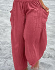 Maroon Full Size Pocketed Drawstring Wide Leg Pants Sentient Beauty Fashions Apparel & Accessories