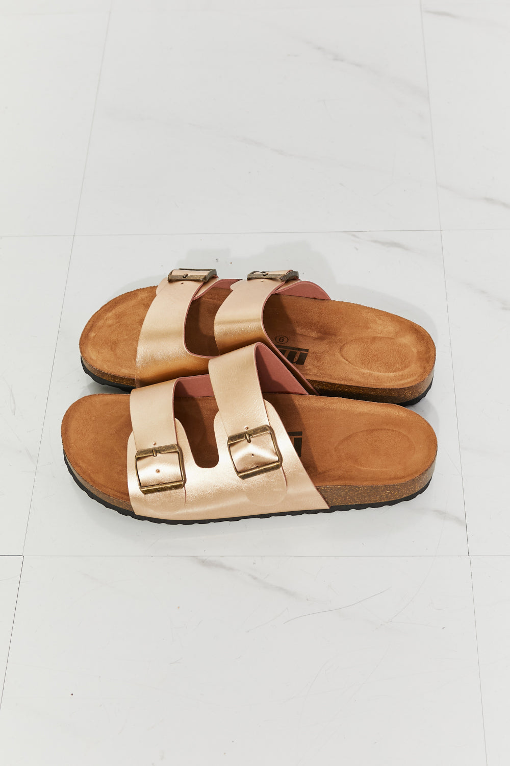 Light Gray MMShoes Best Life Double-Banded Slide Sandal in Gold