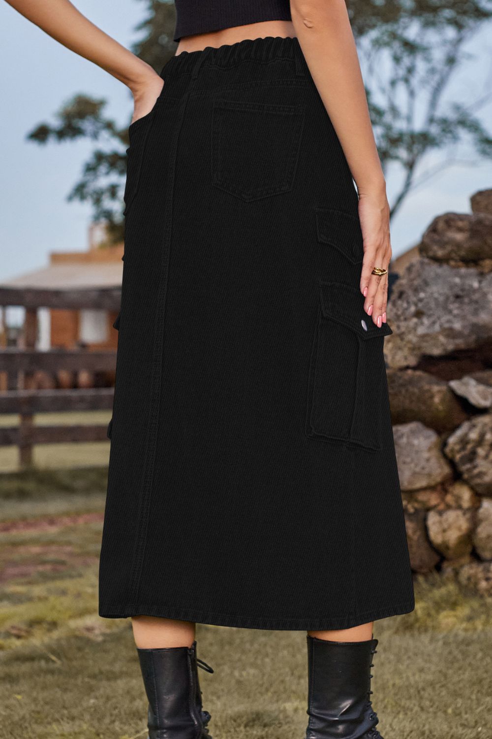 Black Slit Front Midi Denim Skirt with Pockets Sentient Beauty Fashions Apparel &amp; Accessories