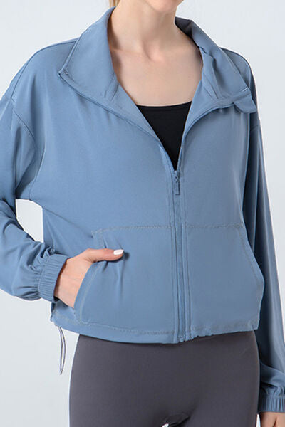 Light Slate Gray Drawstring Zip Up Dropped Shoulder Active Outerwear Sentient Beauty Fashions Apparel & Accessories