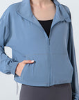 Light Slate Gray Drawstring Zip Up Dropped Shoulder Active Outerwear Sentient Beauty Fashions Apparel & Accessories