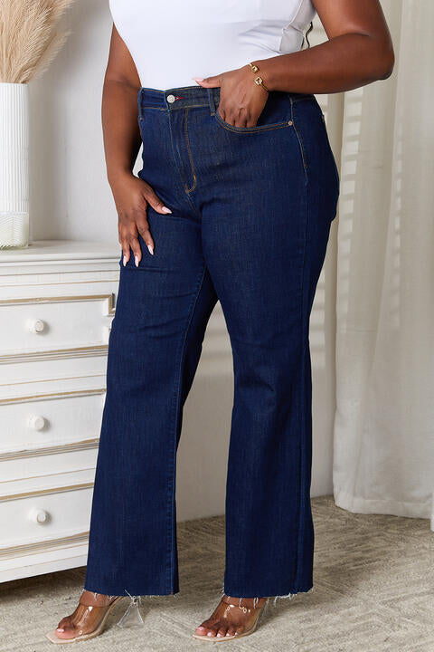 Dark Gray Judy Blue Full Size Raw Hem Straight Leg Jeans with Pockets Sentient Beauty Fashions Apparel & Accessories