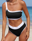 Sienna Contrast Trim Ribbed One-Shoulder Bikini Set Sentient Beauty Fashions Swim