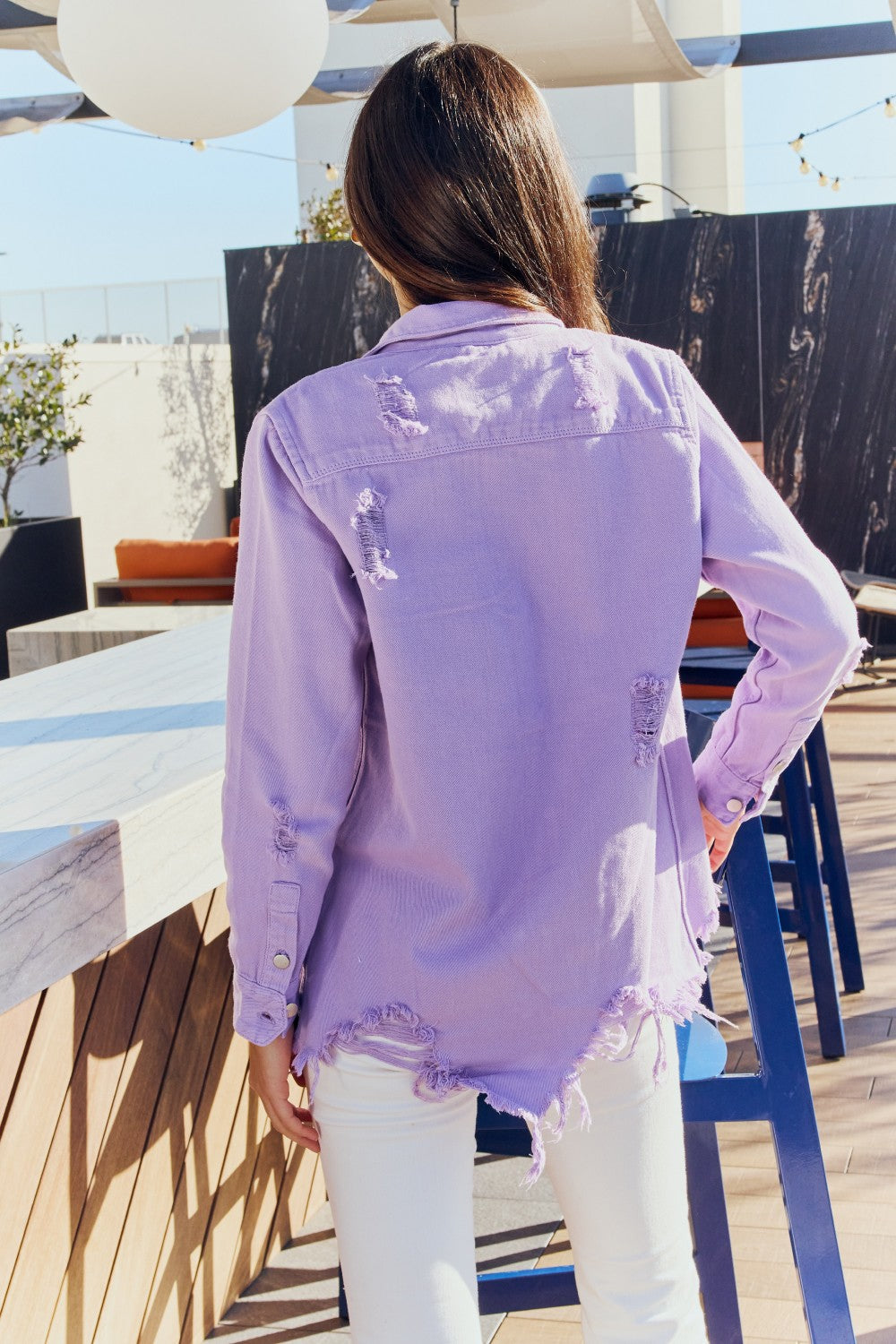 Gray American Bazi Full Size Distressed Button Down Denim Jacket in Lavender Sentient Beauty Fashions Apparel & Accessories