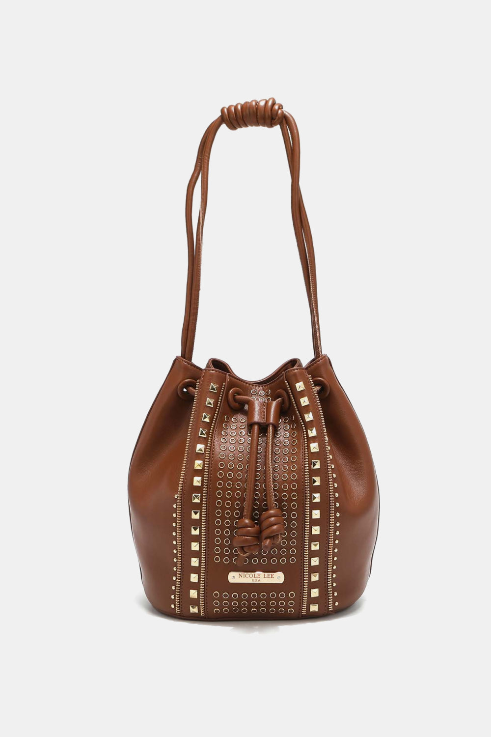 Saddle Brown Nicole Lee USA Amy Studded Bucket Bag Sentient Beauty Fashions *Accessories