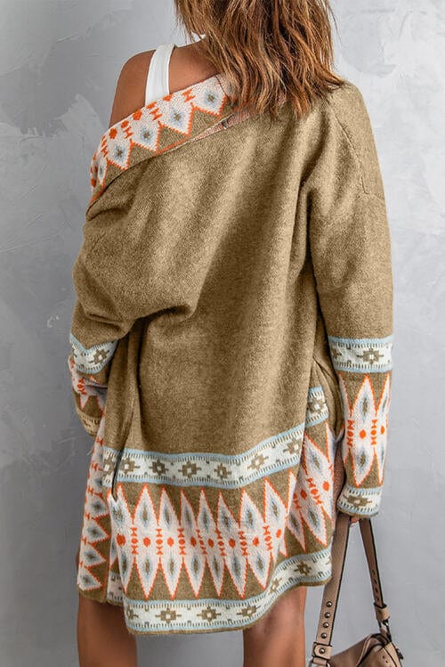 Rosy Brown Geometric Open Front Long Sleeve Cardigan