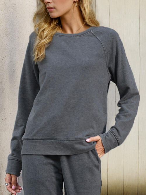 Dim Gray Round Neck Long Sleeve Sweatshirt Sentient Beauty Fashions Apparel &amp; Accessories
