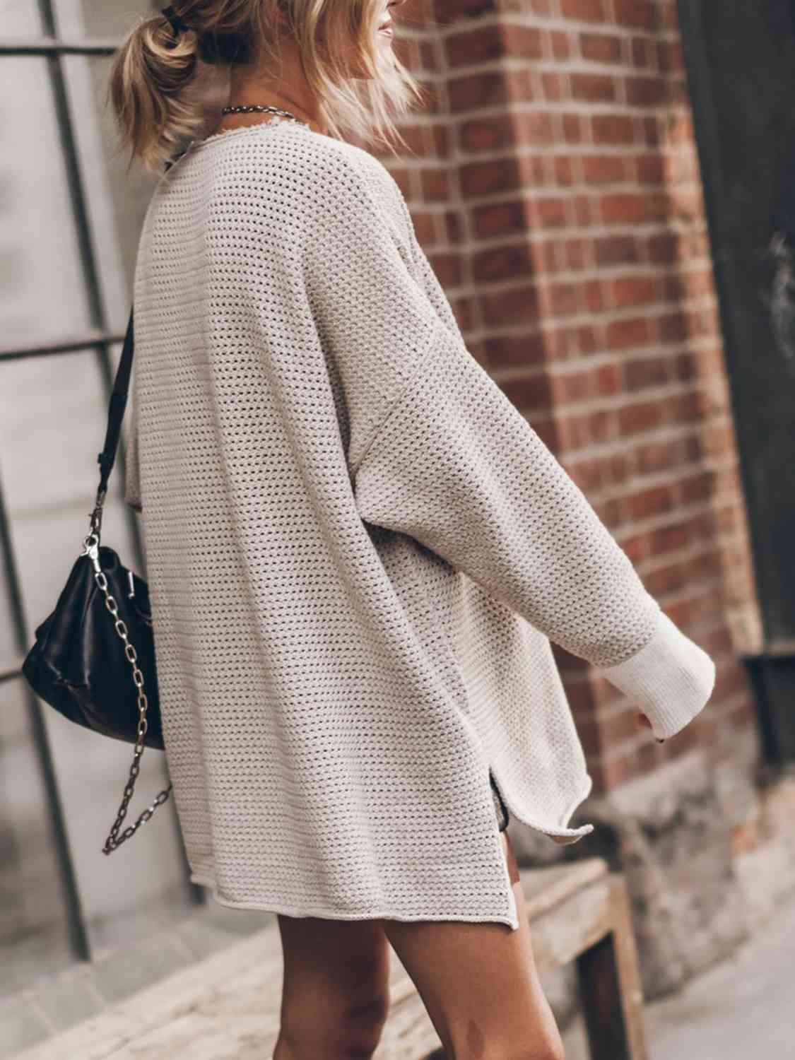 Rosy Brown Openwork Round Neck Long Sleeve Slit Sweater