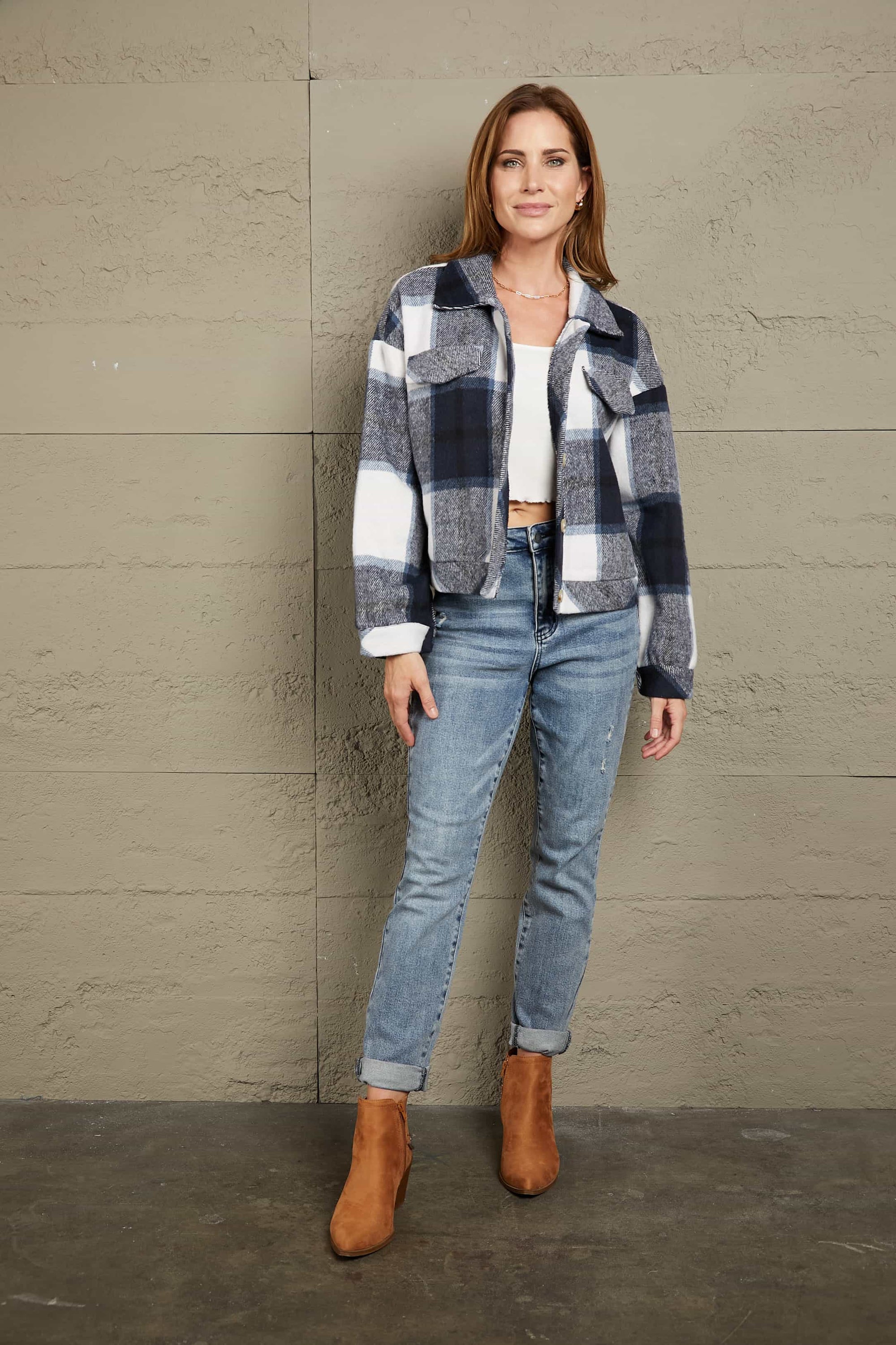 Rosy Brown Double Take Plaid Button Front Dropped Shoulder Collared Jacket Sentient Beauty Fashions Apparel & Accessories