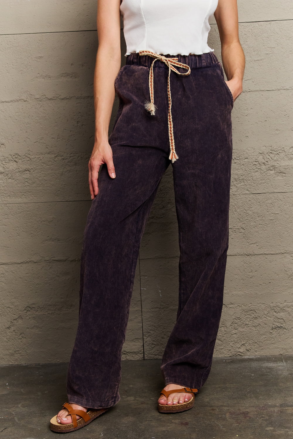 Dark Slate Gray POL Leap Of Faith Corduroy Straight Fit Pants in Midnight Navy Sentient Beauty Fashions Apparel & Accessories