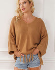 Light Gray Fringe V-Neck Long Sleeve Sweater Sentient Beauty Fashions Apparel & Accessories