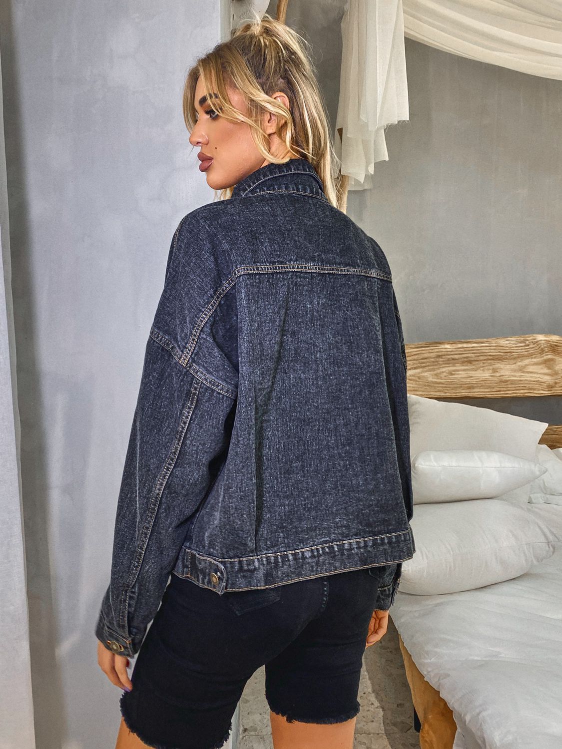 Dark Gray Collared Neck Dropped Shoulder Denim Jacket Sentient Beauty Fashions Apparel &amp; Accessories
