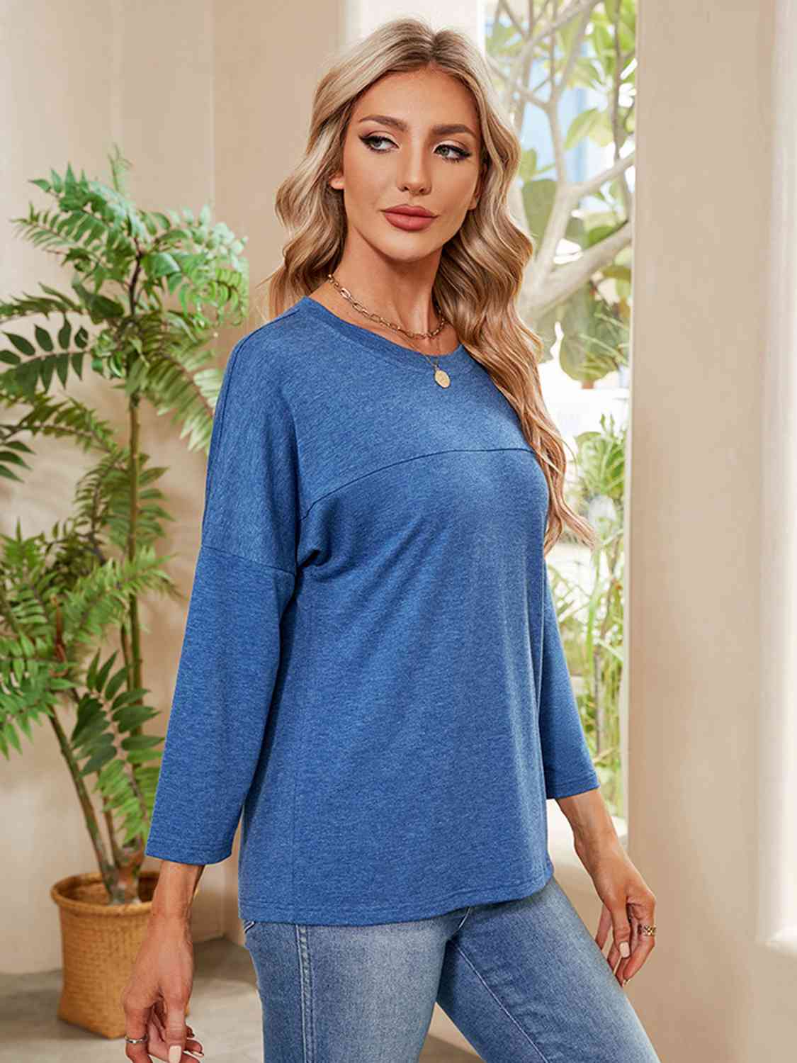 Dark Gray Round Neck Long Sleeve Drop Shoulder Blouse Sentient Beauty Fashions Apparel & Accessories