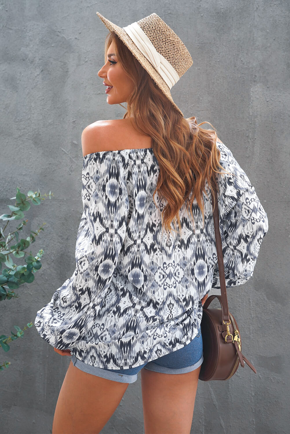 Slate Gray Printed Off-Shoulder Tied Balloon Sleeve Blouse