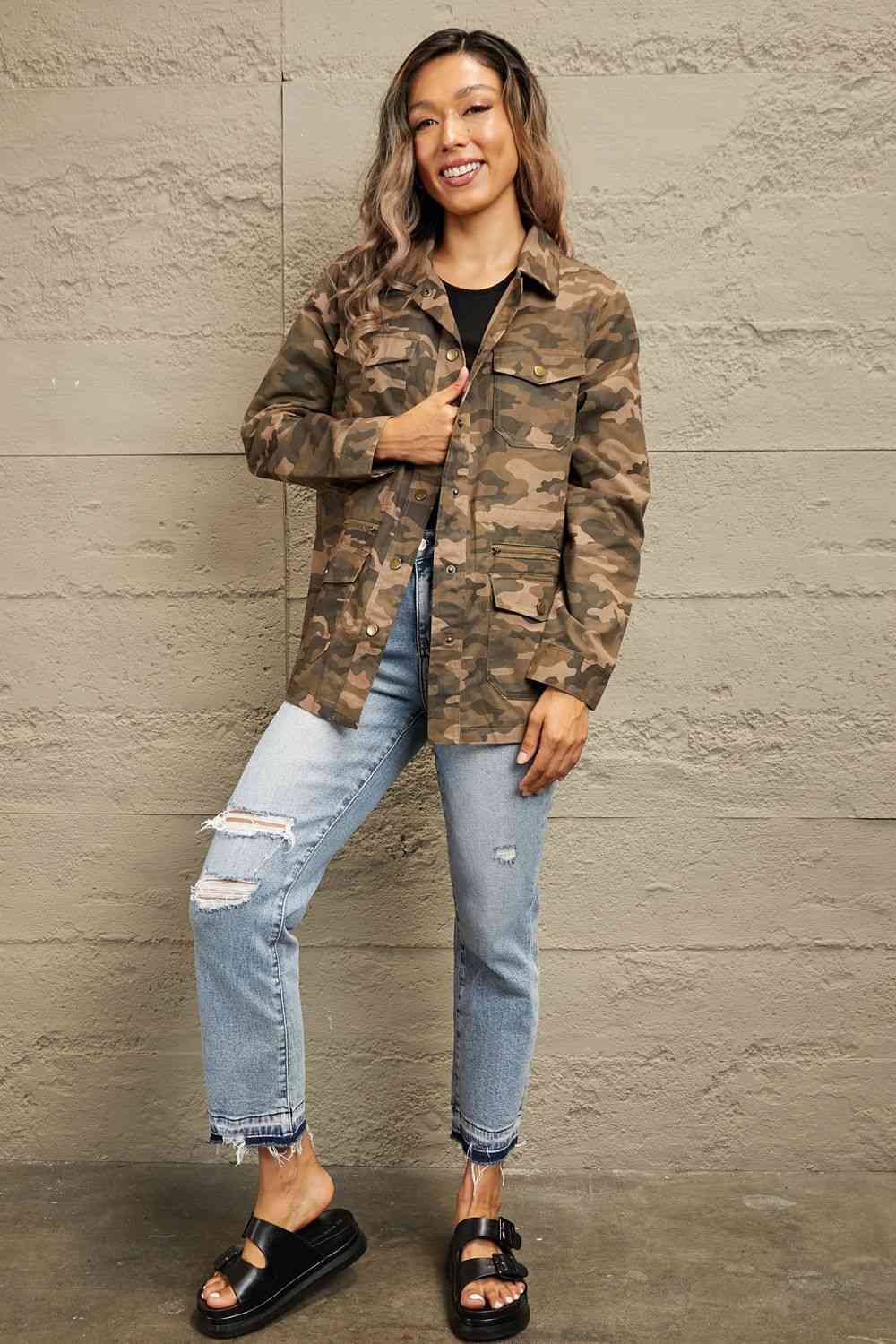 Rosy Brown Double Take Camouflage Snap Down Jacket Sentient Beauty Fashions Apparel & Accessories