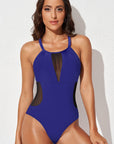 Light Gray Spliced Mesh Halter Neck One-Piece Swimsuit Sentient Beauty Fashions Apparel & Accessories