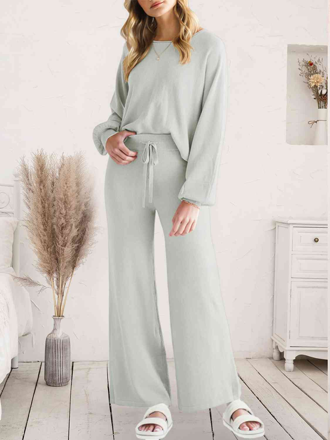 Light Gray Long Sleeve Lounge Top and Drawstring Pants Set Sentient Beauty Fashions Apparel & Accessories