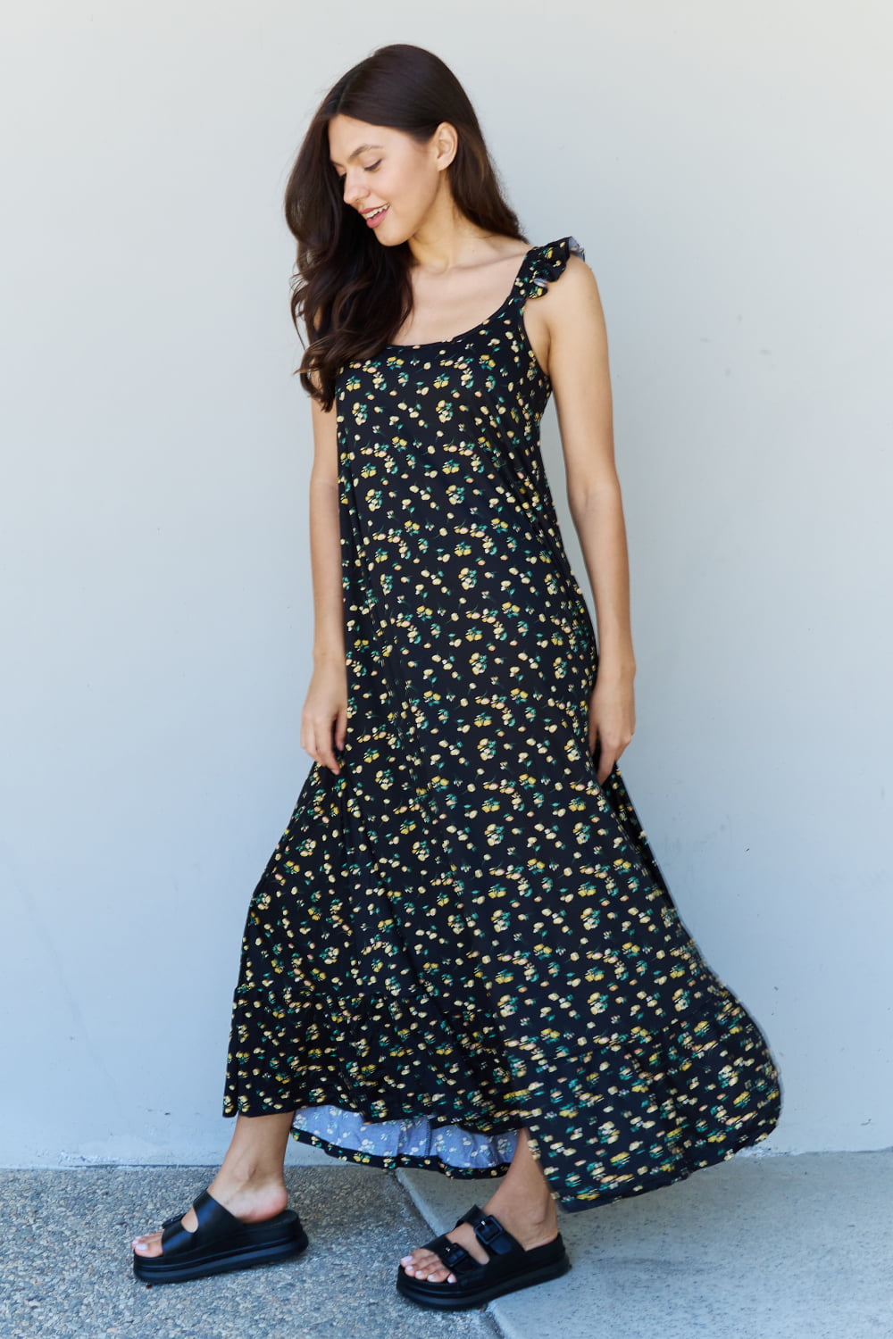Light Gray Doublju In The Garden Ruffle Floral Maxi Dress in  Black Yellow Floral