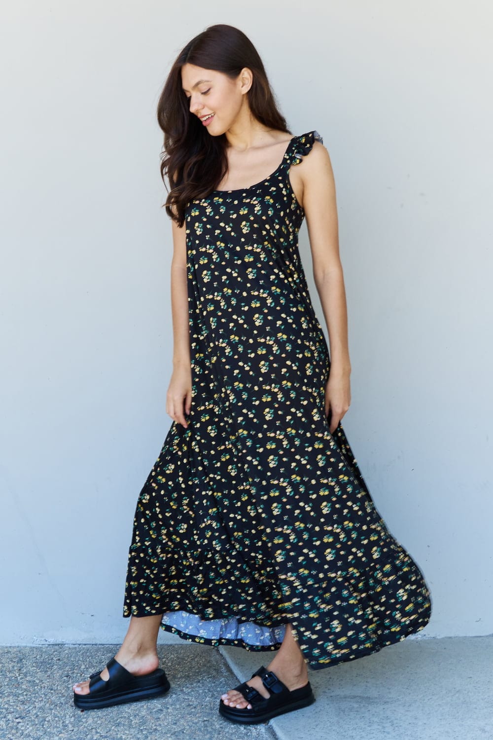 Light Gray Doublju In The Garden Ruffle Floral Maxi Dress in  Black Yellow Floral Sentient Beauty Fashions Apparel & Accessories