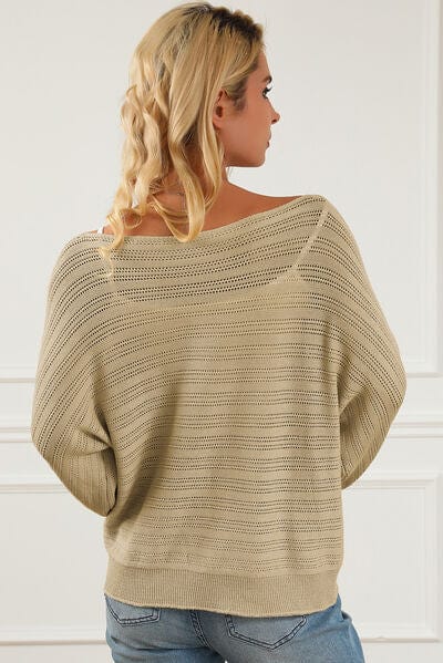 Light Gray Openwork Boat Neck Lantern Sleeve Sweater