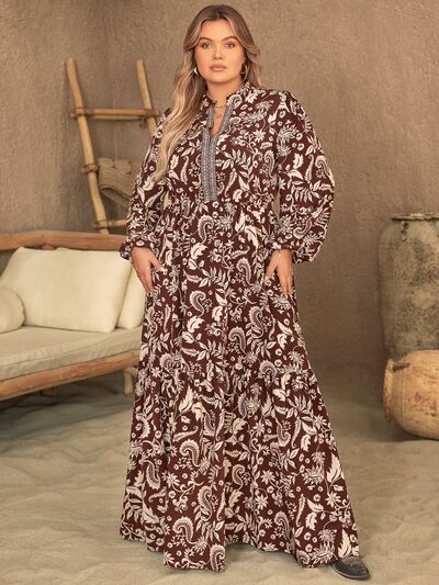 Dim Gray Plus Size Notched Balloon Sleeve Printed Maxi Dress Sentient Beauty Fashions Apparel &amp; Accessories