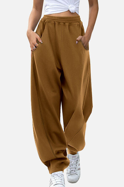 Saddle Brown Elastic Waist Sweatpants with Pockets Sentient Beauty Fashions Apparel &amp; Accessories