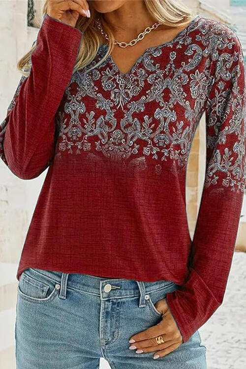 Saddle Brown Printed Notched Long Sleeve T-Shirt