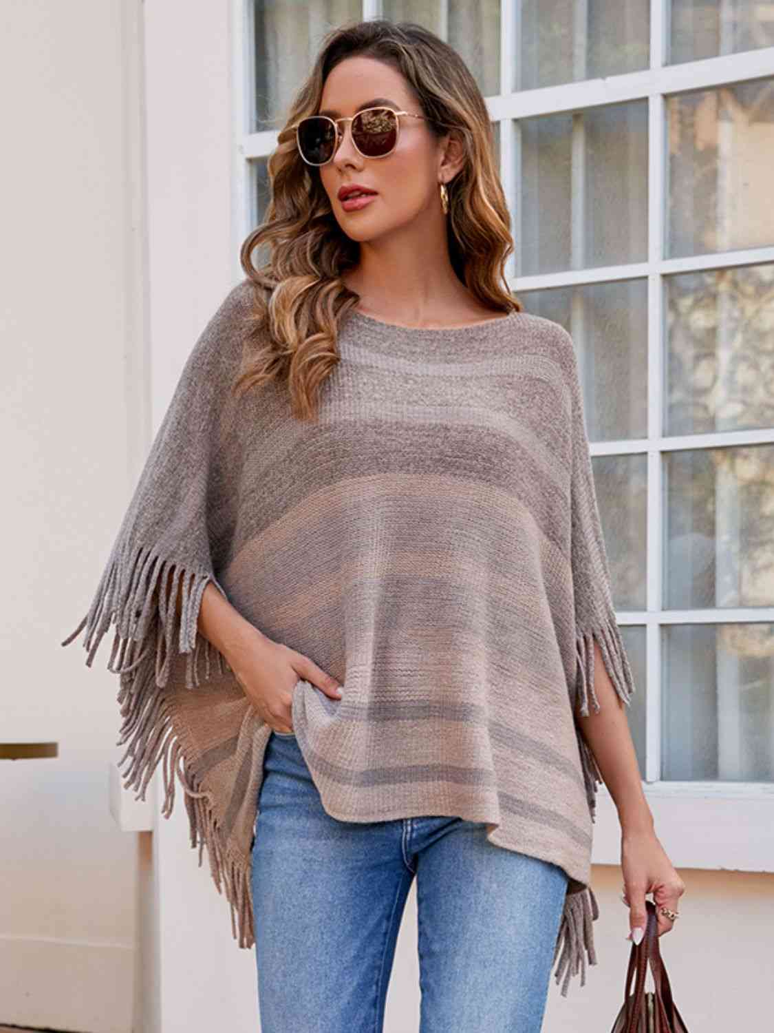 Dark Gray Striped Boat Neck Poncho with Fringes