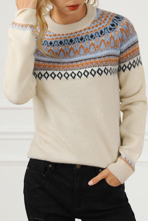 Light Gray Geometric Round Neck Long Sleeve Sweater