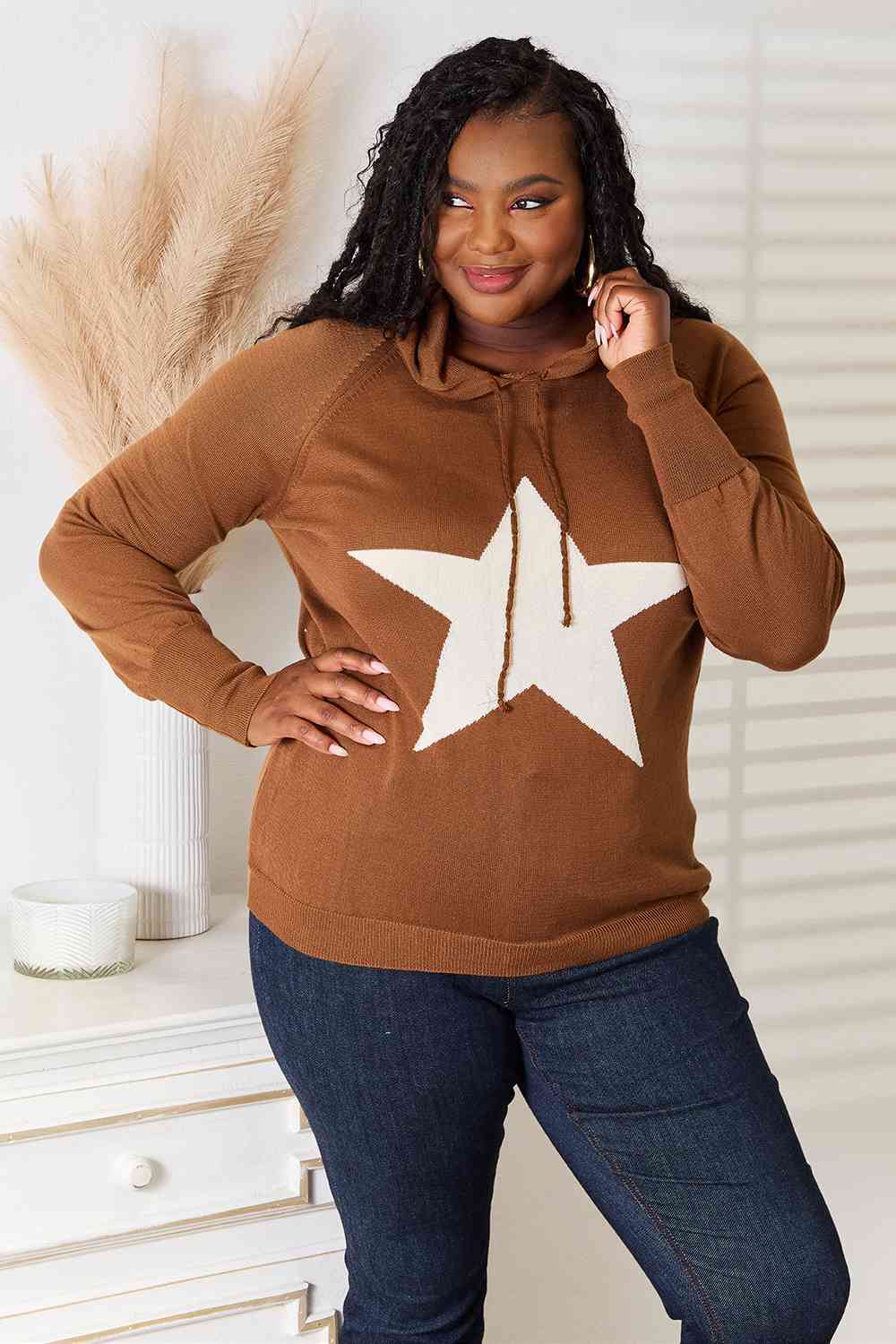 Light Gray Heimish Full Size Star Graphic Hooded Sweater Sentient Beauty Fashions Apparel &amp; Accessories