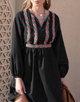 Black Notched Neck Long Sleeve Printed Mini Dress Sentient Beauty Fashions Apparel & Accessories