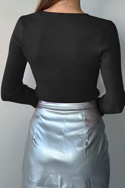 Dark Slate Gray Cutout Round Neck Flare Sleeve Knit Top Sentient Beauty Fashions Apparel & Accessories