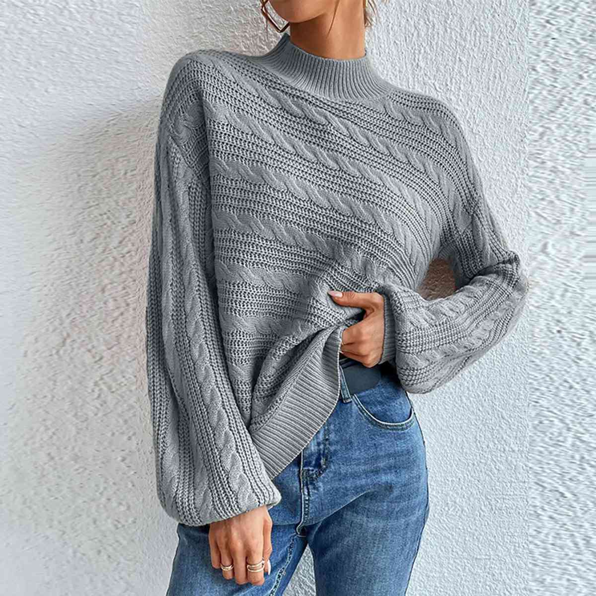 Gray Cable-Knit Mock Neck  Long Sleeve Sweater