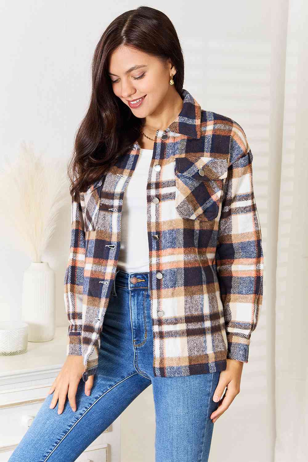 Light Gray Double Take Plaid Button Front Shirt Jacket with Breast Pockets Sentient Beauty Fashions Apparel &amp; Accessories