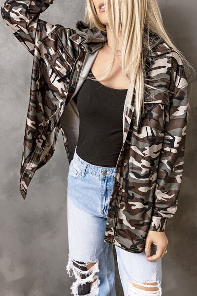 Dim Gray Camouflage Button Up Hooded Jacket Sentient Beauty Fashions Apparel &amp; Accessories