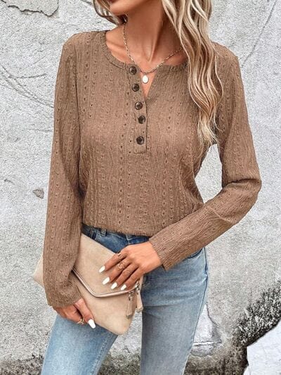 Rosy Brown Openwork Half Button Long Sleeve Blouse