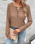 Rosy Brown Openwork Half Button Long Sleeve Blouse