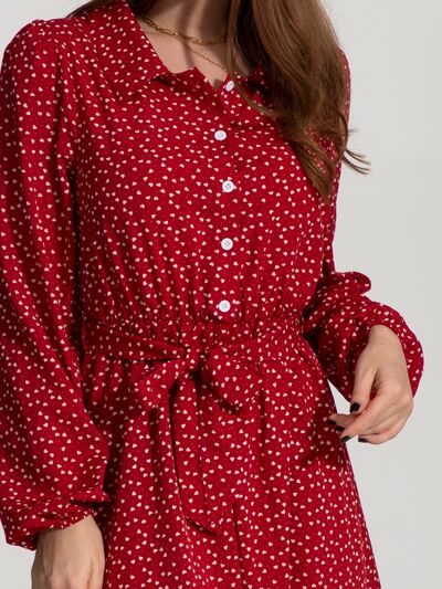 Dark Red Tied Printed Button Up Balloon Sleeve Dress Sentient Beauty Fashions Apparel & Accessories