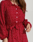 Dark Red Tied Printed Button Up Balloon Sleeve Dress Sentient Beauty Fashions Apparel & Accessories