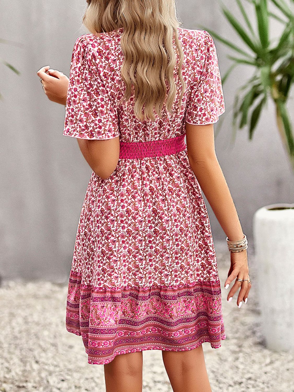 Gray Floral Print Bohemian Style V-Neck Flutter Sleeve Dress Sentient Beauty Fashions Apparel & Accessories