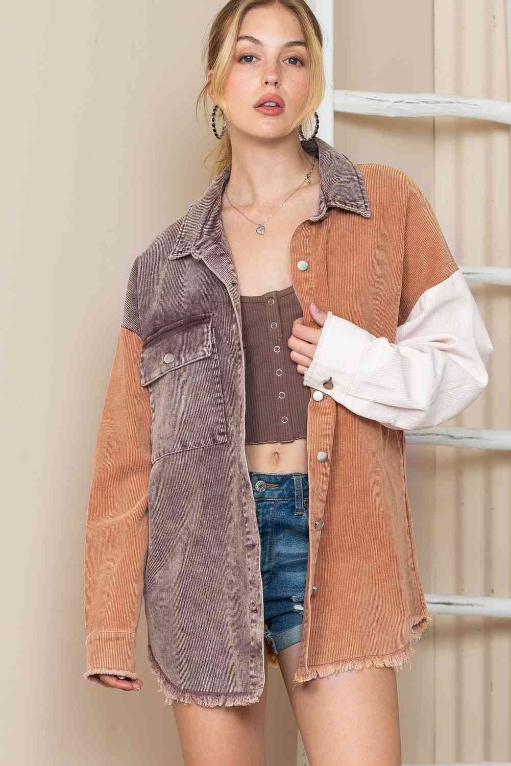 Tan Color Block Collared Neck Jacket