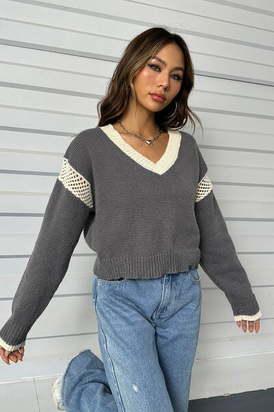 Gray Contrast Openwork Long Sleeve V-Neck Sweater Sentient Beauty Fashions Apparel & Accessories