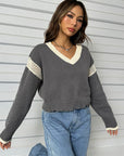 Gray Contrast Openwork Long Sleeve V-Neck Sweater Sentient Beauty Fashions Apparel & Accessories