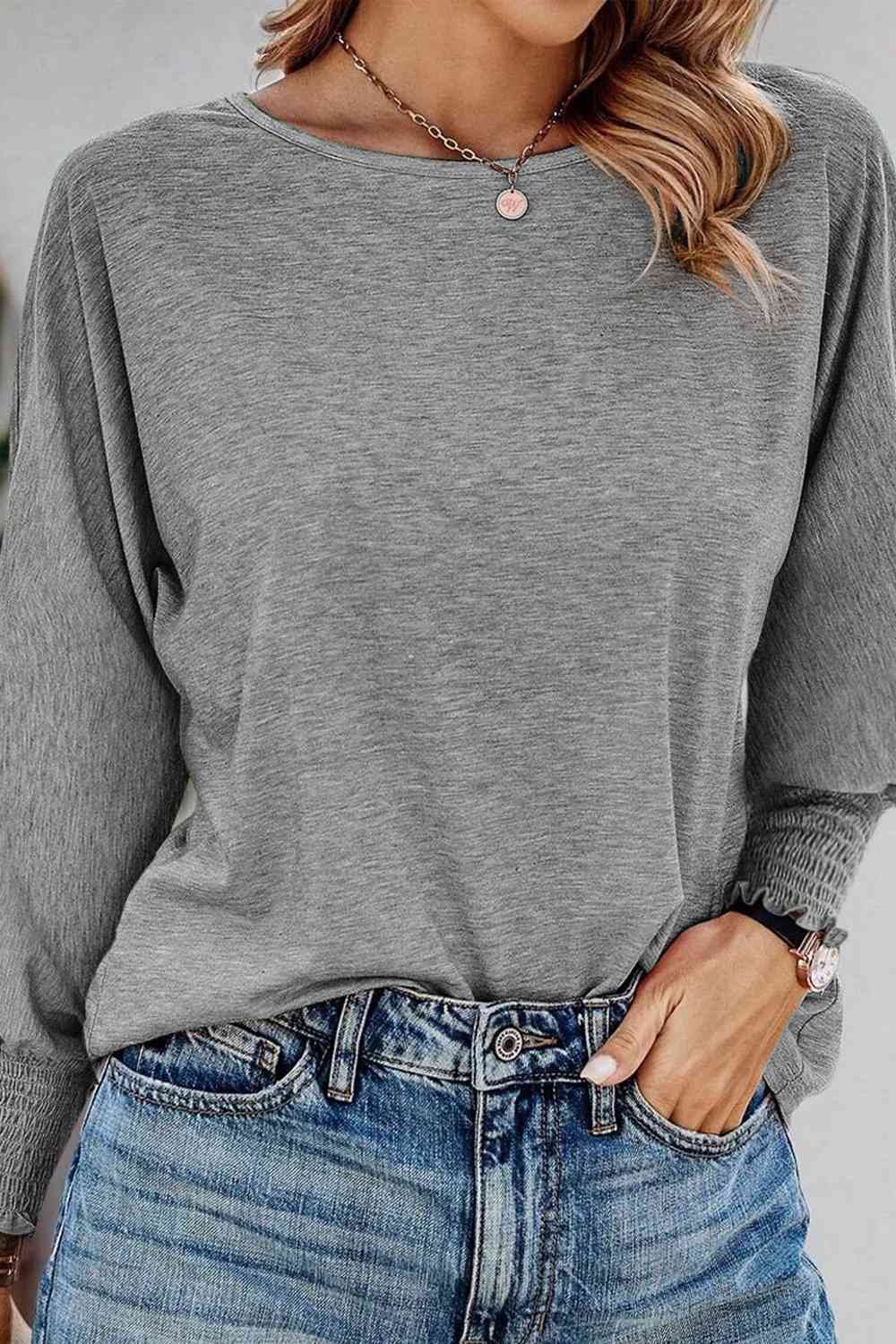Light Slate Gray Round Neck Smocked Long Sleeve Blouse Sentient Beauty Fashions Apparel &amp; Accessories